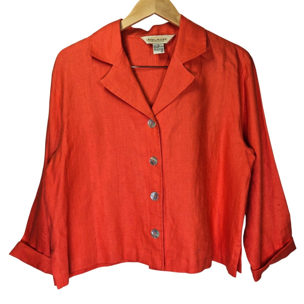 Melrose Collectibles Red Orange 100% Linen Button Front Crop Shirt Jacket Sz M